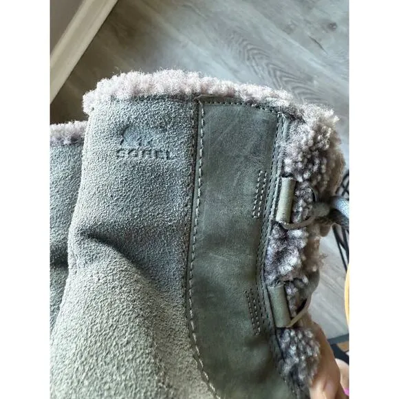 Sorel Joan Arc Arctic Wedge Leather Shearling Green Gray Women's size 7 Boots
