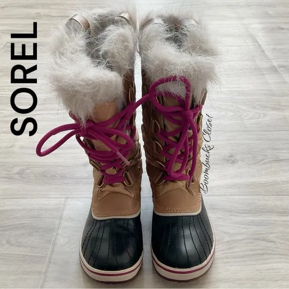 Sorel Joan of Arctic Camel brown, tan, Black Leather Lace up waterproof boots 7