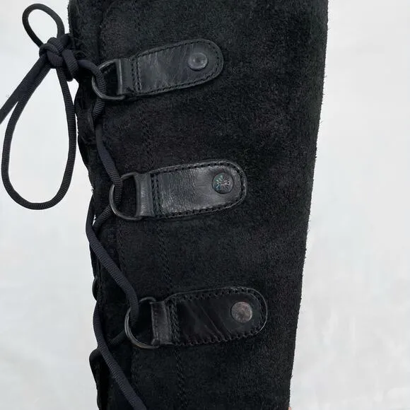 Sorel Joan of Arctic Distressed Suede Black Leather Tall Laced Wedge Boot Size 9