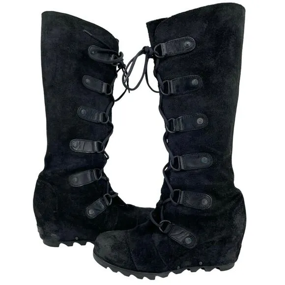 Sorel Joan of Arctic Distressed Suede Black Leather Tall Laced Wedge Boot Size 9