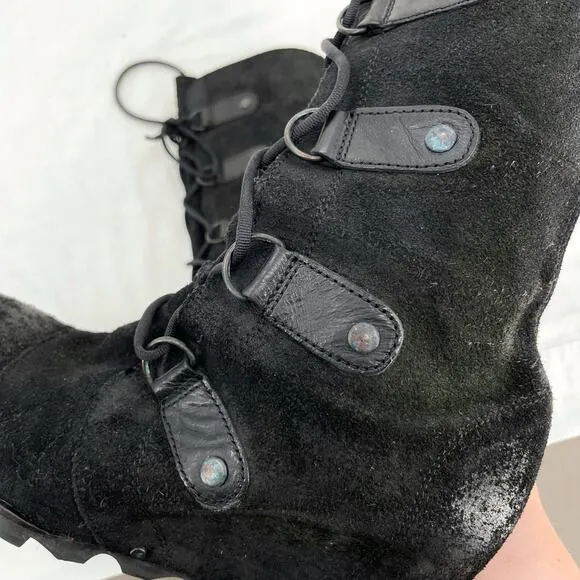 Sorel Joan of Arctic Distressed Suede Black Leather Tall Laced Wedge Boot Size 9