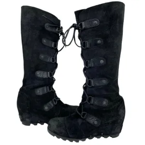Sorel Joan of Arctic Distressed Suede Black Leather Tall Laced Wedge Boot Size 9