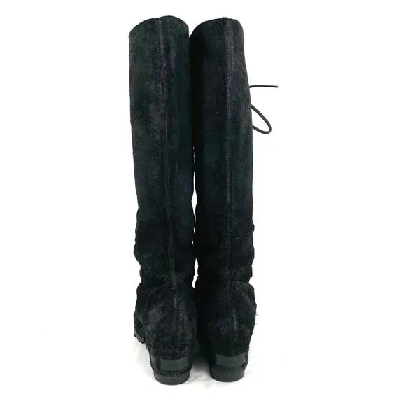 Sorel Joan of Arctic Distressed Suede Black Leather Tall Laced Wedge Boot Size 9