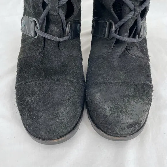 Sorel Joan of Arctic Distressed Suede Black Leather Tall Laced Wedge Boot Size 9