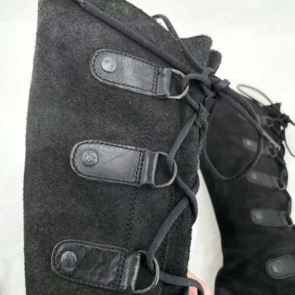 Sorel Joan of Arctic Distressed Suede Black Leather Tall Laced Wedge Boot Size 9