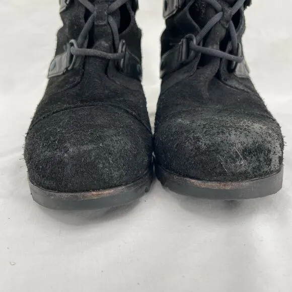 Sorel Joan of Arctic Distressed Suede Black Leather Tall Laced Wedge Boot Size 9