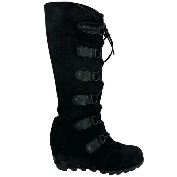Sorel Joan of Arctic Distressed Suede Black Leather Tall Laced Wedge Boot Size 9