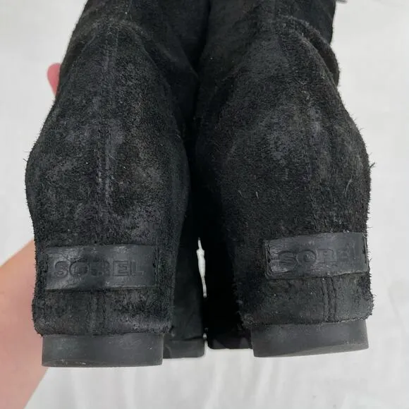 Sorel Joan of Arctic Distressed Suede Black Leather Tall Laced Wedge Boot Size 9