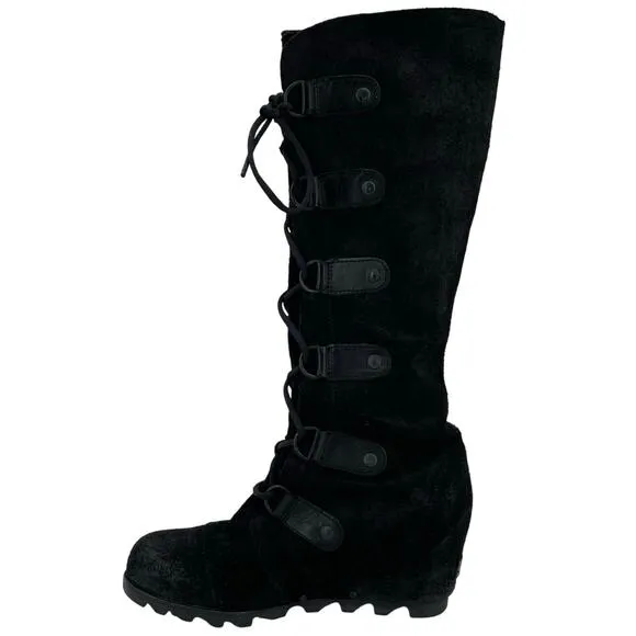 Sorel Joan of Arctic Distressed Suede Black Leather Tall Laced Wedge Boot Size 9