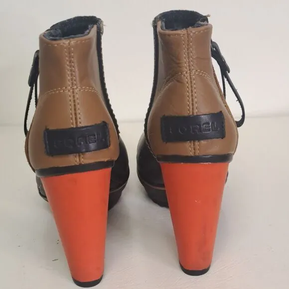 Sorel Medina Rain Ankle Booties Colorblock Heel 7 Red Brown Black Heeded Boots