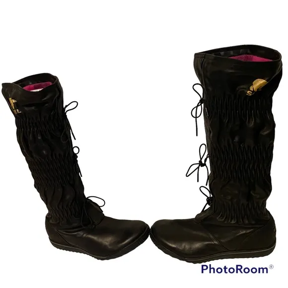 SOREL SHOES BOOTS TALL BLACK LEATHER SNOW TIE ACCENT PULL ON WINTER SIZE 7 M