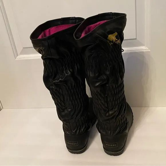 SOREL SHOES BOOTS TALL BLACK LEATHER SNOW TIE ACCENT PULL ON WINTER SIZE 7 M