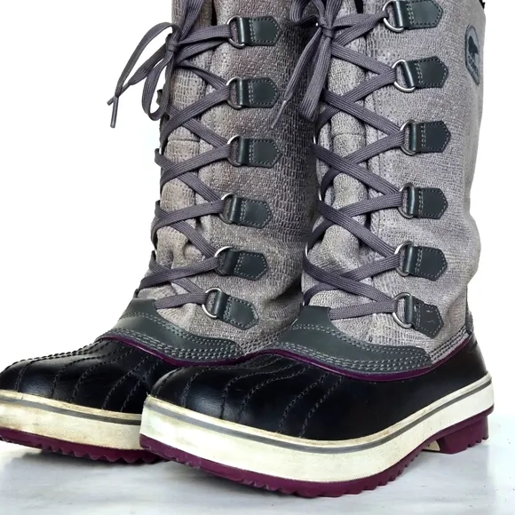 Sorel Shoes Women 8 Gray Purple Boot Tall Shaft Lace Snow Winter Rain Resistant