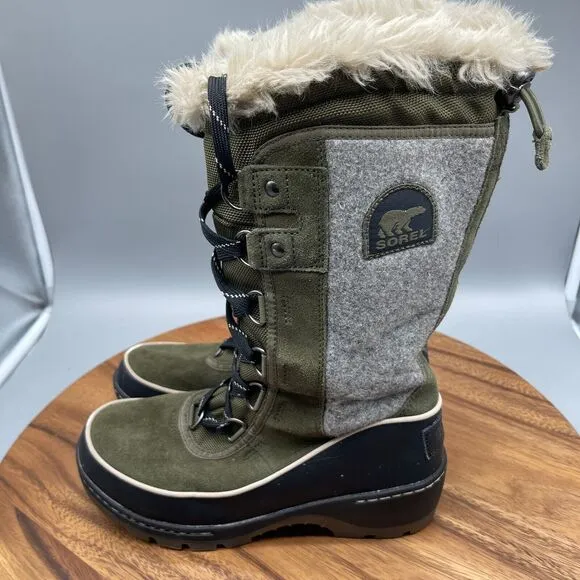 Sorel Tivoli II Boots Womens Size 6 High Nori Green Black Mid Calf Leather Snow