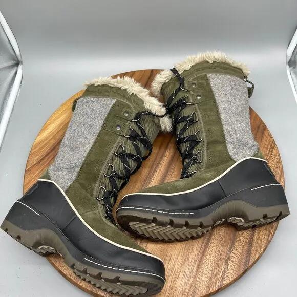 Sorel Tivoli II Boots Womens Size 6 High Nori Green Black Mid Calf Leather Snow