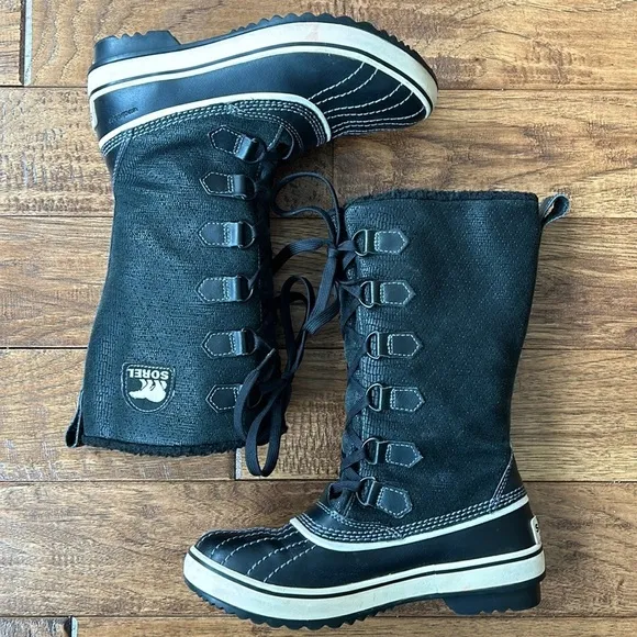 Sorel Tivoli Tall Winter Boots Lace Up Faux Fur Lined Black Women’s Size 6