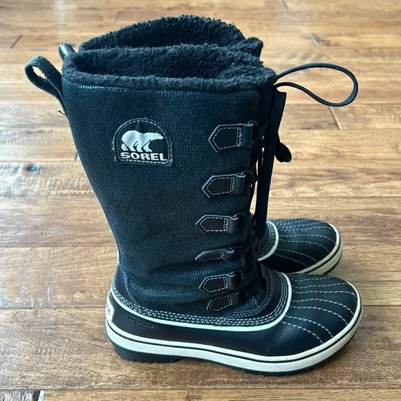 Sorel Tivoli Tall Winter Boots Lace Up Faux Fur Lined Black Women’s Size 6