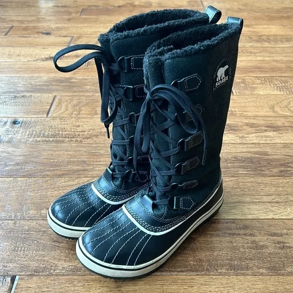 Sorel Tivoli Tall Winter Boots Lace Up Faux Fur Lined Black Women’s Size 6