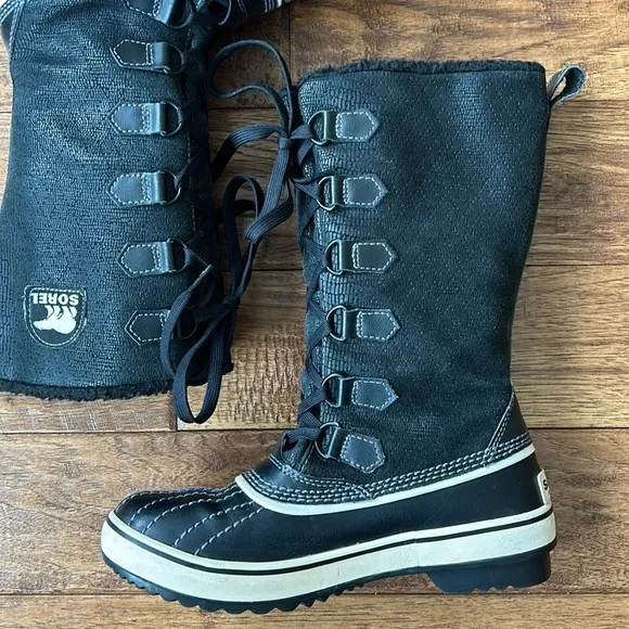 Sorel Tivoli Tall Winter Boots Lace Up Faux Fur Lined Black Women’s Size 6
