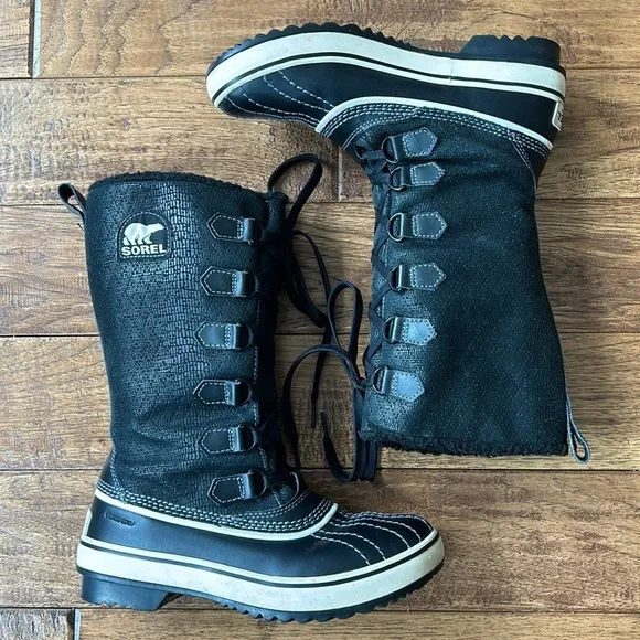 Sorel Tivoli Tall Winter Boots Lace Up Faux Fur Lined Black Women’s Size 6