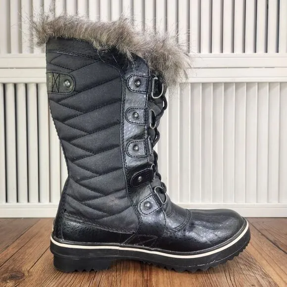 Sorel Tofino II Winter Boots Womens Sz 7 Black Fur Trim Lace Up Snow NL2332-010