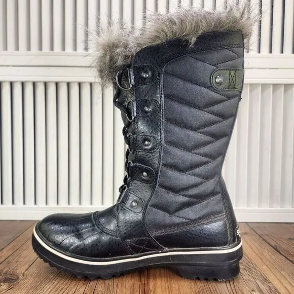 Sorel Tofino II Winter Boots Womens Sz 7 Black Fur Trim Lace Up Snow NL2332-010