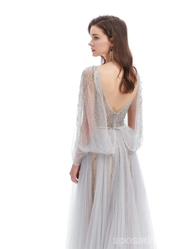 Sparkly See Through Grey A-line V-neck Open Back Long Prom Dresses Online,12781