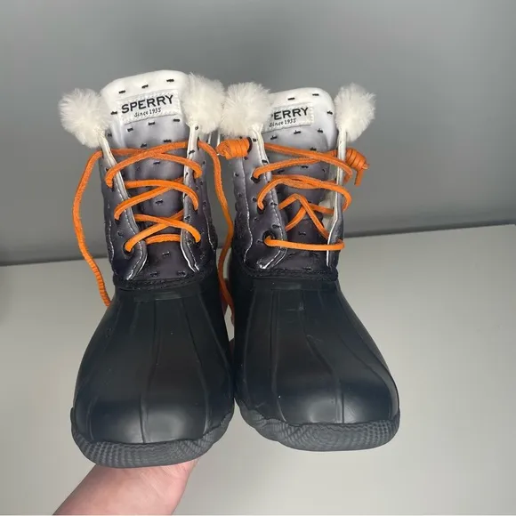 Sperry Saltwater Shibori Black Leather Duck Boots Women’s Size 8 Faux Fur Lining