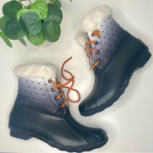 Sperry Saltwater Shibori Black Leather Duck Boots Women’s Size 8 Faux Fur Lining