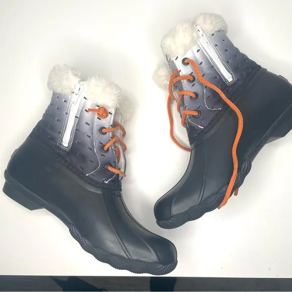 Sperry Saltwater Shibori Black Leather Duck Boots Women’s Size 8 Faux Fur Lining