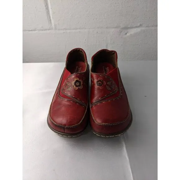 Spring Step L’Artiste Burbank Clogs Red Leather Floral Embossed Shoes 38 EU 7.5