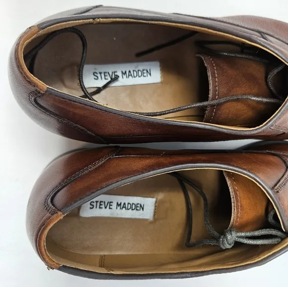 Steve Madden Proctr Cap Toe Oxfords Sz 14 Brown Leather Lace Up Stack Heel