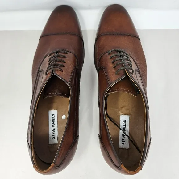Steve Madden Proctr Cap Toe Oxfords Sz 14 Brown Leather Lace Up Stack Heel
