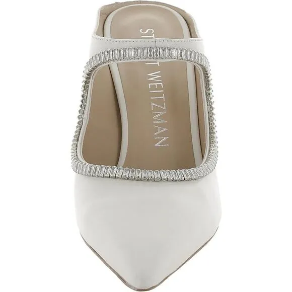 Stuart Weitzman Womens Xcrve Crystal White Leather Cut-Out Mules Shoes New