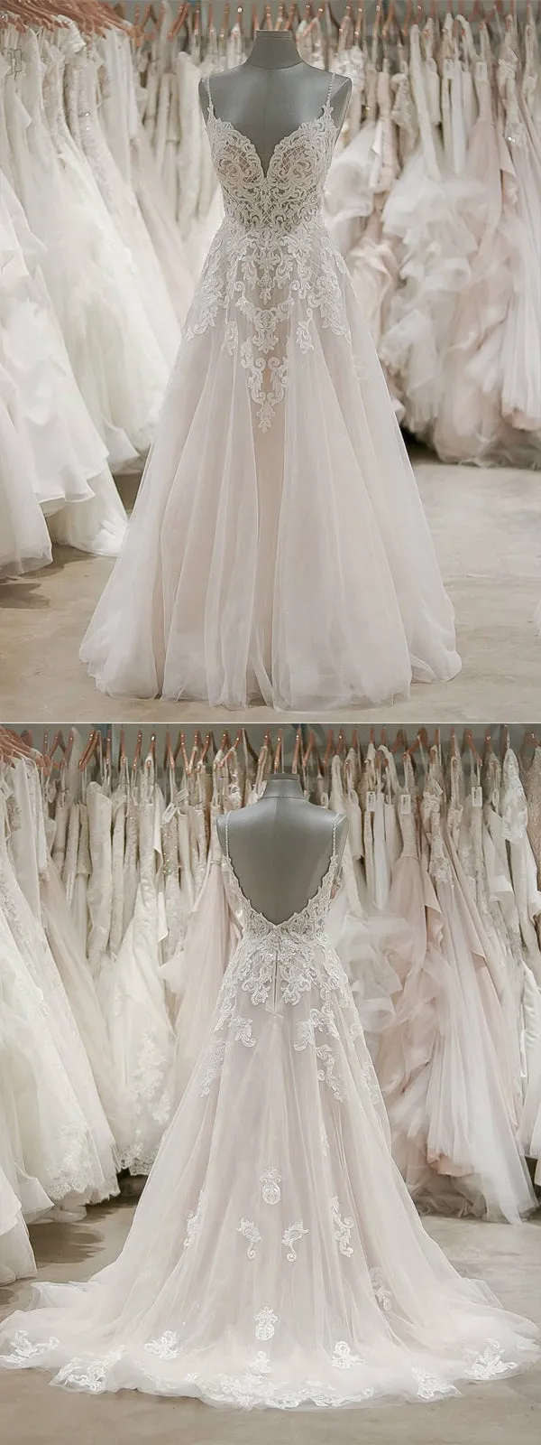 Sweetheart Spaghetti Straps Floor-length A-line Lace Cheap Wedding Dresses, WDY0138
