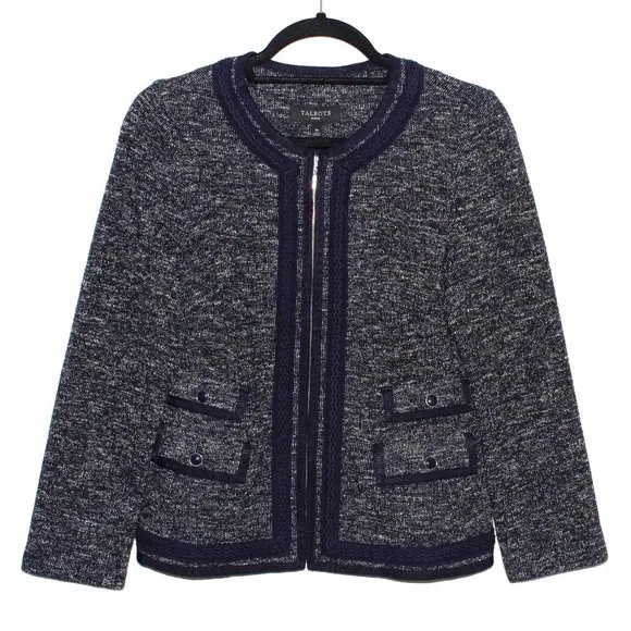 Talbots Navy and White Tweed Braided Trim Jacket