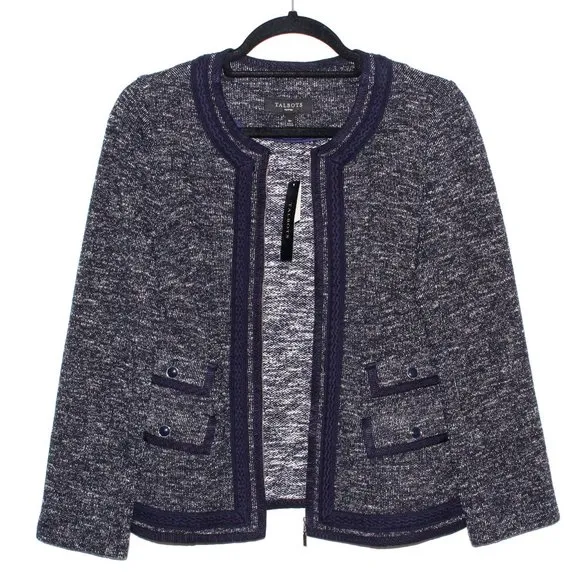 Talbots Navy and White Tweed Braided Trim Jacket