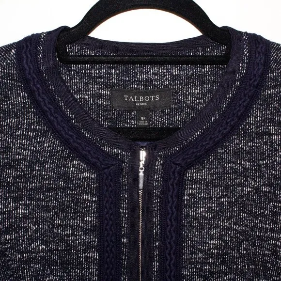 Talbots Navy and White Tweed Braided Trim Jacket