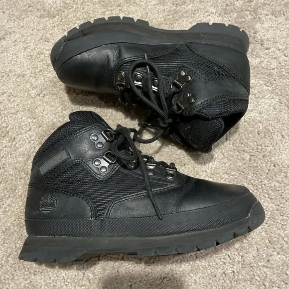 Timberland 96748 Black Leather/Nylon Lace-Up Euro Hiker Boot shoes Boy's US 2
