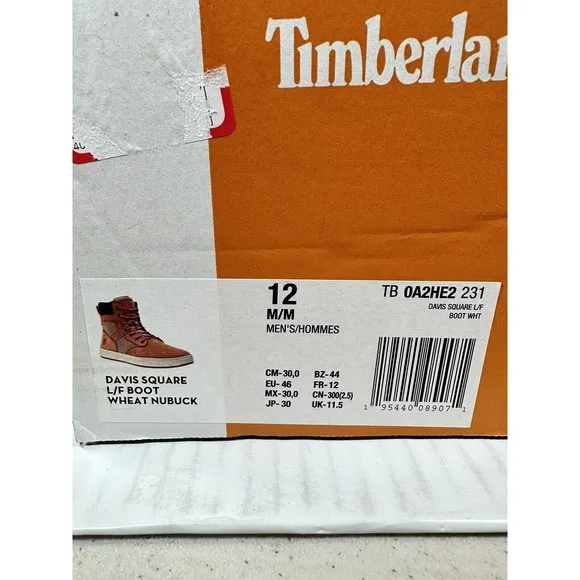 Timberland Davis Square Leather Fabric Boot Wheat Nubuck Size 12 TB 0A2HE2 231