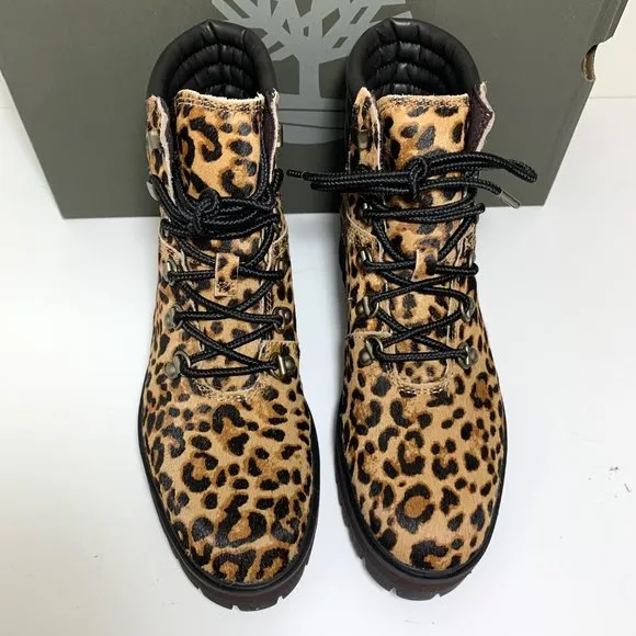 Timberland London Square Mid Hiker Boots Calf Hair Leopard Print Size 8 NEW