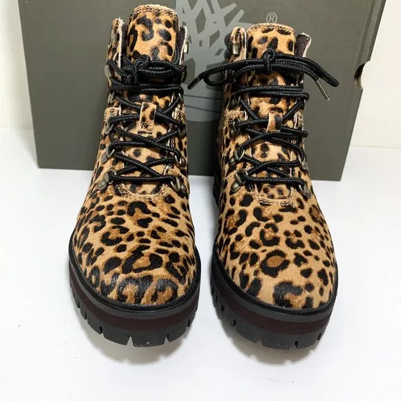 Timberland London Square Mid Hiker Boots Calf Hair Leopard Print Size 8 NEW