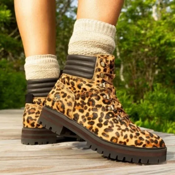 Timberland London Square Mid Hiker Boots Calf Hair Leopard Print Size 8 NEW