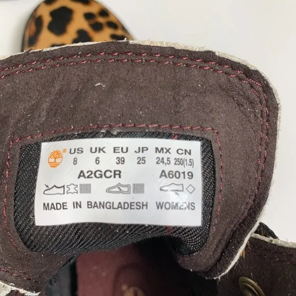 Timberland London Square Mid Hiker Boots Calf Hair Leopard Print Size 8 NEW