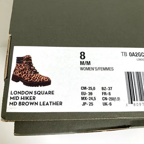 Timberland London Square Mid Hiker Boots Calf Hair Leopard Print Size 8 NEW