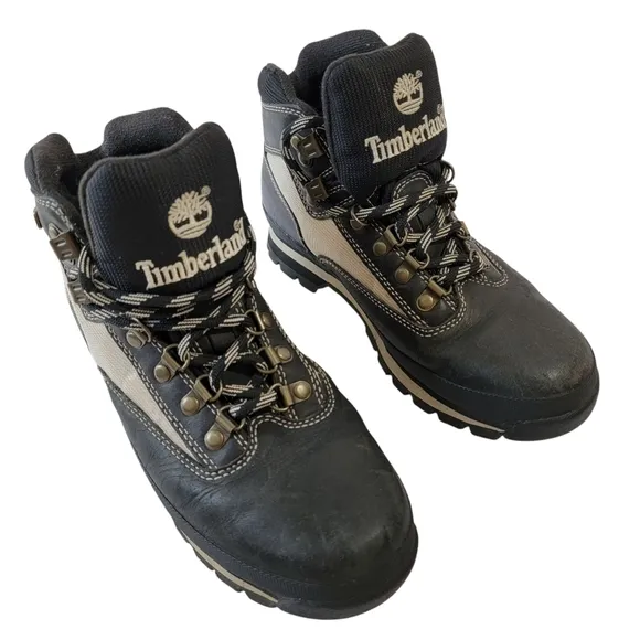 Timberland Mens Lace-Up Hiking Boots Sz 8.5M Black Gray Genuine Leather Outdoor
