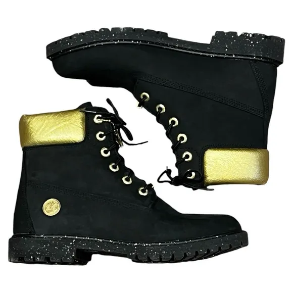 TIMBERLAND Women’s 6” Heritage Premium Hiking Boots black gold metallic panel 9