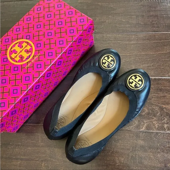 Tory Burch Black Leather Gold Logo Ballet Flat Shoes
