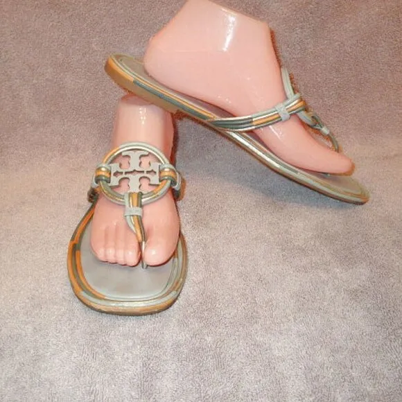 Tory Burch Mignon Miller Leather Sandals Size 11 Metallic Cloud Thong Flip Flop