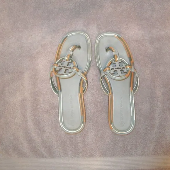 Tory Burch Mignon Miller Leather Sandals Size 11 Metallic Cloud Thong Flip Flop